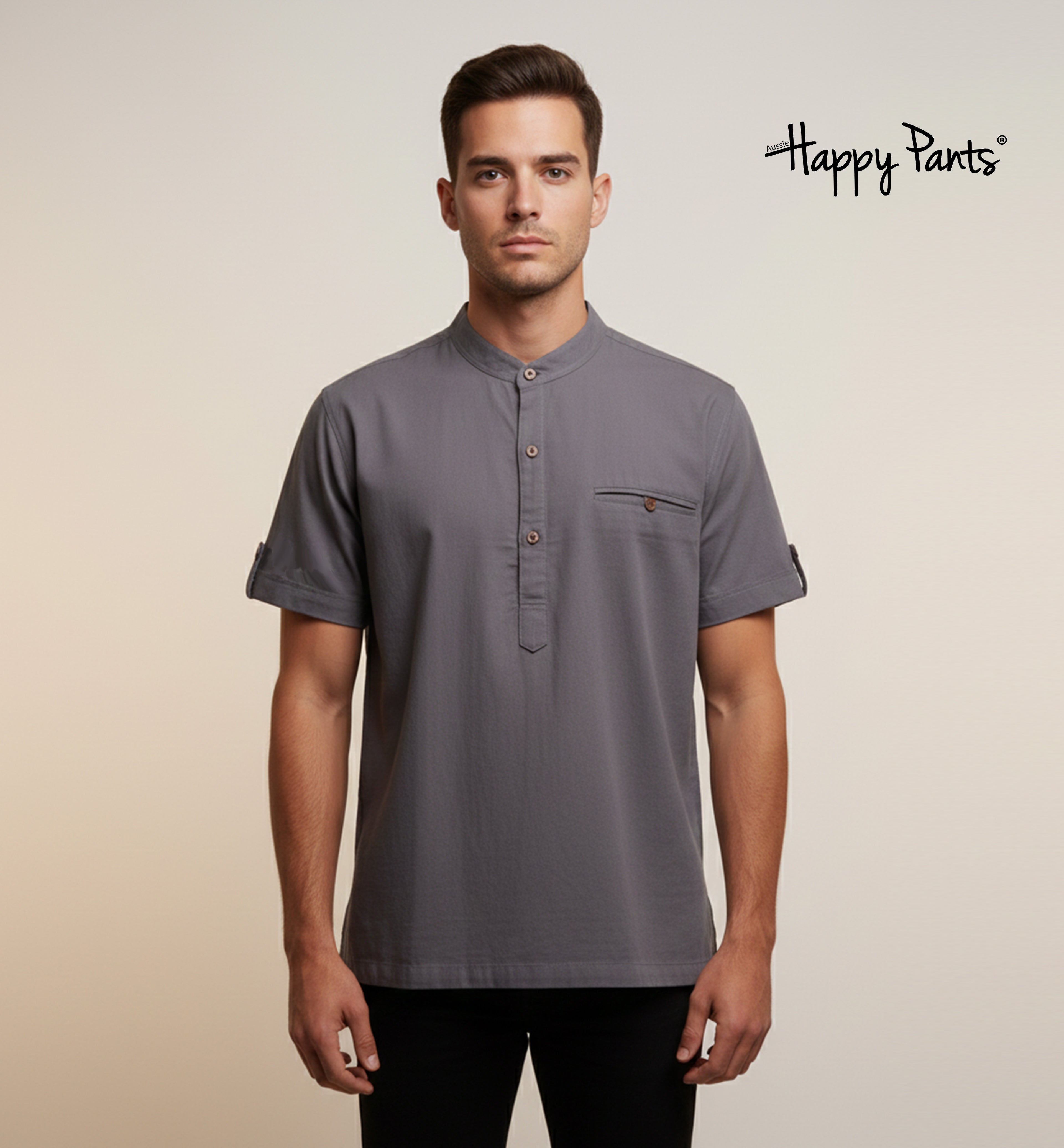Men’s Cotton Mandarin-Collar Ash Gray Top