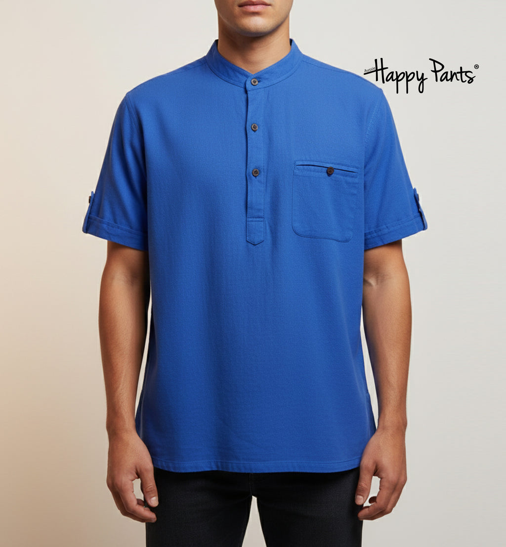 Men’s Cotton Mandarin-Collar Blue Top