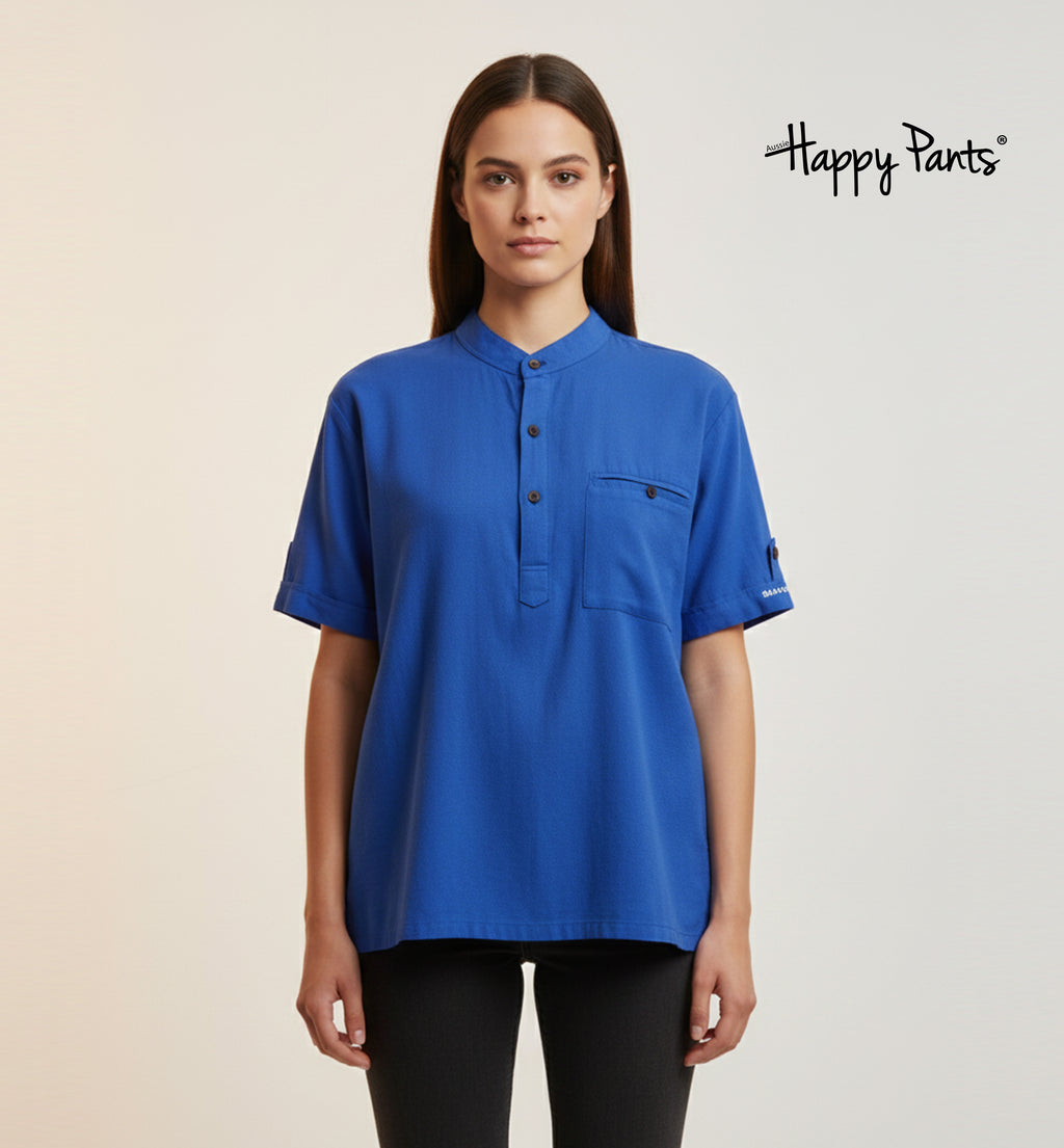 Women’s Cotton Mandarin-Collar Blue Top