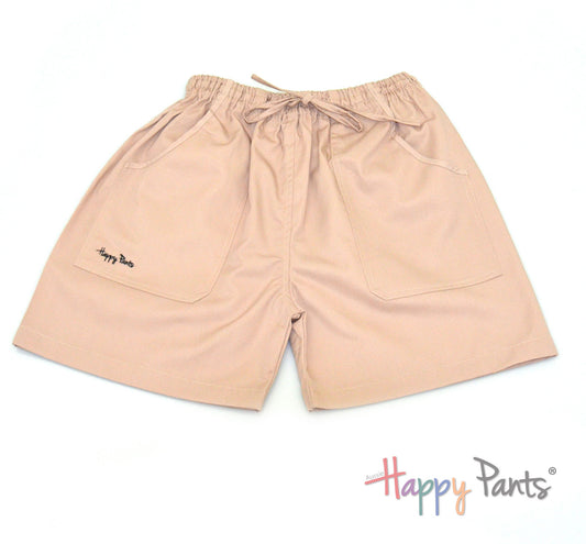 Tan cotton shorts elastic waist summer Happy Pants fun and colourful clothes